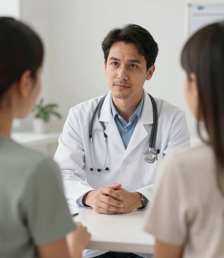 Médica conversando com paciente em uma clínica